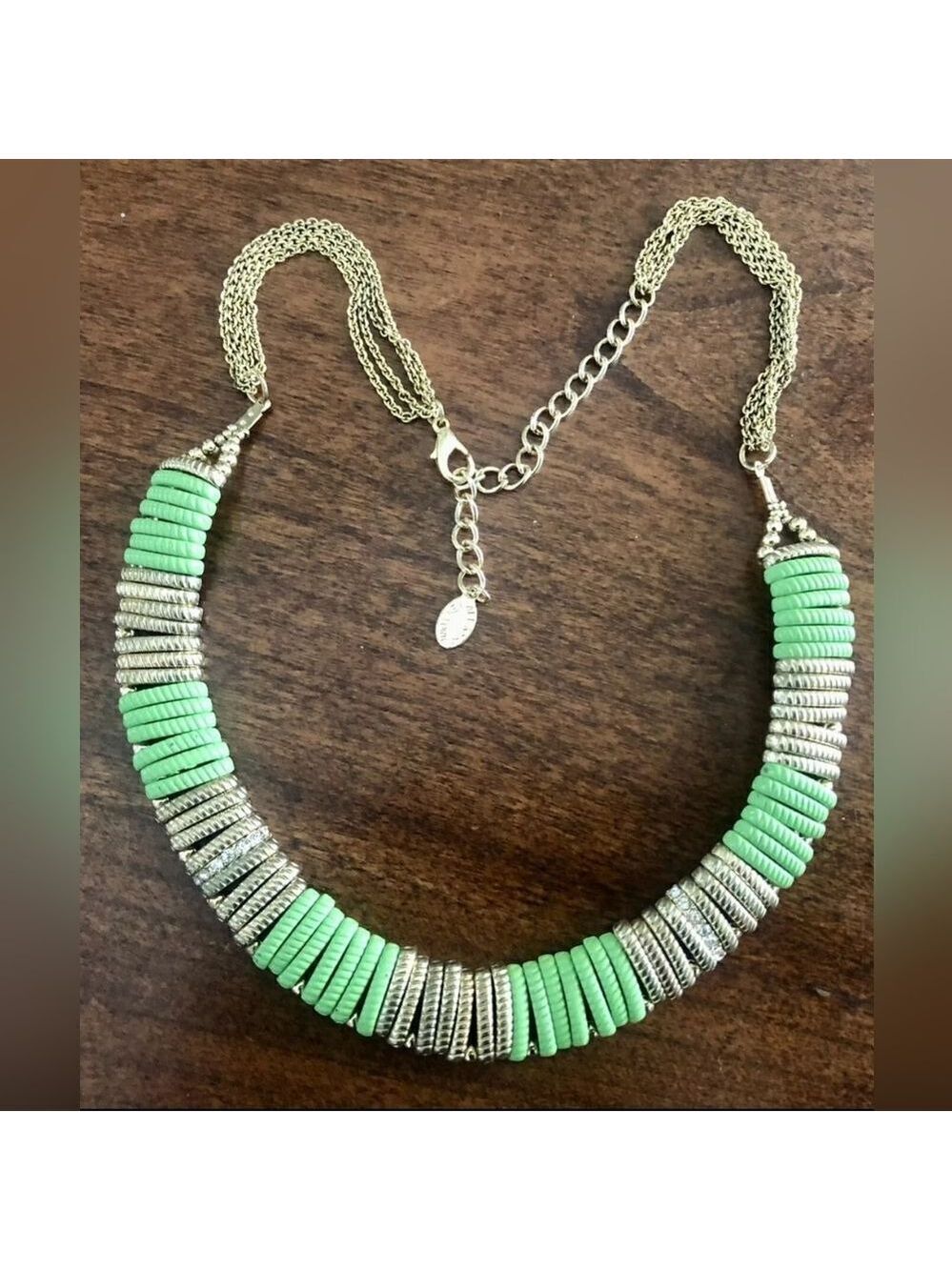 Ali Khan New York Signed Green Silver With Rhinestones Necklace 18”